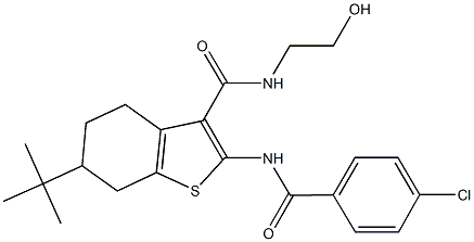 6-tert-butyl-2-[(4-chlorobenzoyl)amino]-N-(2-hydroxyethyl)-4,5,6,7-tetrahydro-1-benzothiophene-3-carboxamide Struktur