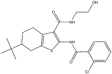 6-tert-butyl-2-[(2-chlorobenzoyl)amino]-N-(2-hydroxyethyl)-4,5,6,7-tetrahydro-1-benzothiophene-3-carboxamide Struktur