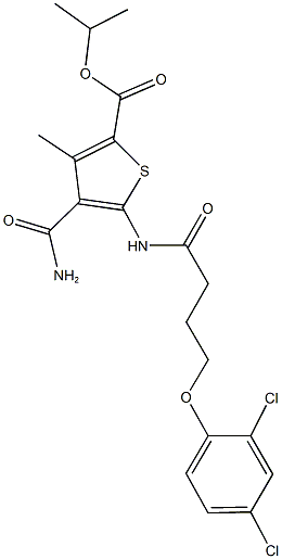 isopropyl 4-(aminocarbonyl)-5-{[4-(2,4-dichlorophenoxy)butanoyl]amino}-3-methyl-2-thiophenecarboxylate Struktur