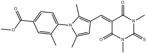 methyl 4-{3-[(1,3-dimethyl-4,6-dioxo-2-thioxotetrahydro-5(2H)-pyrimidinylidene)methyl]-2,5-dimethyl-1H-pyrrol-1-yl}-3-methylbenzoate Struktur