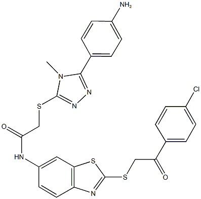 2-{[5-(4-aminophenyl)-4-methyl-4H-1,2,4-triazol-3-yl]sulfanyl}-N-(2-{[2-(4-chlorophenyl)-2-oxoethyl]sulfanyl}-1,3-benzothiazol-6-yl)acetamide Struktur