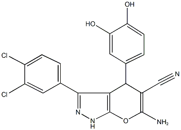 6-amino-3-(3,4-dichlorophenyl)-4-(3,4-dihydroxyphenyl)-1,4-dihydropyrano[2,3-c]pyrazole-5-carbonitrile Struktur