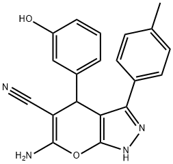 6-amino-4-(3-hydroxyphenyl)-3-(4-methylphenyl)-1,4-dihydropyrano[2,3-c]pyrazole-5-carbonitrile Struktur