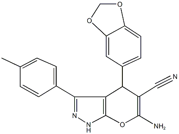 6-amino-4-(1,3-benzodioxol-5-yl)-3-(4-methylphenyl)-1,4-dihydropyrano[2,3-c]pyrazole-5-carbonitrile Struktur