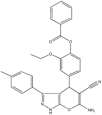 4-[6-amino-5-cyano-3-(4-methylphenyl)-1,4-dihydropyrano[2,3-c]pyrazol-4-yl]-2-ethoxyphenyl benzoate Struktur