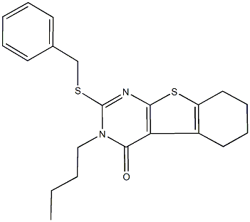 2-(benzylsulfanyl)-3-butyl-5,6,7,8-tetrahydro[1]benzothieno[2,3-d]pyrimidin-4(3H)-one Struktur