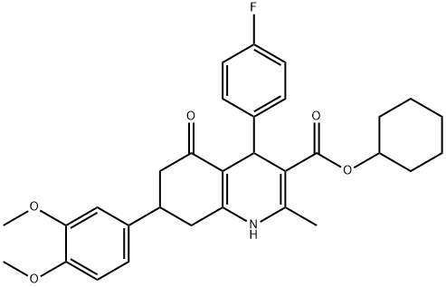 cyclohexyl 7-(3,4-dimethoxyphenyl)-4-(4-fluorophenyl)-2-methyl-5-oxo-1,4,5,6,7,8-hexahydro-3-quinolinecarboxylate Struktur