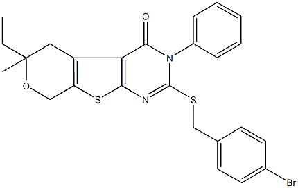 2-[(4-bromobenzyl)sulfanyl]-6-ethyl-6-methyl-3-phenyl-3,5,6,8-tetrahydro-4H-pyrano[4',3':4,5]thieno[2,3-d]pyrimidin-4-one Struktur