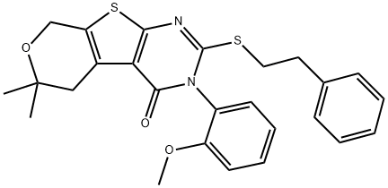 3-(2-methoxyphenyl)-6,6-dimethyl-2-[(2-phenylethyl)sulfanyl]-3,5,6,8-tetrahydro-4H-pyrano[4',3':4,5]thieno[2,3-d]pyrimidin-4-one Struktur