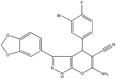 6-amino-3-(1,3-benzodioxol-5-yl)-4-(3-bromo-4-fluorophenyl)-1,4-dihydropyrano[2,3-c]pyrazole-5-carbonitrile Struktur