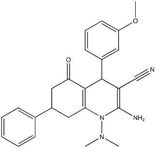 2-amino-1-(dimethylamino)-4-(3-methoxyphenyl)-5-oxo-7-phenyl-1,4,5,6,7,8-hexahydro-3-quinolinecarbonitrile Struktur