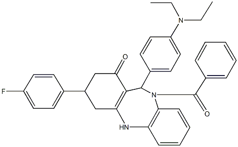 10-benzoyl-11-[4-(diethylamino)phenyl]-3-(4-fluorophenyl)-2,3,4,5,10,11-hexahydro-1H-dibenzo[b,e][1,4]diazepin-1-one Struktur