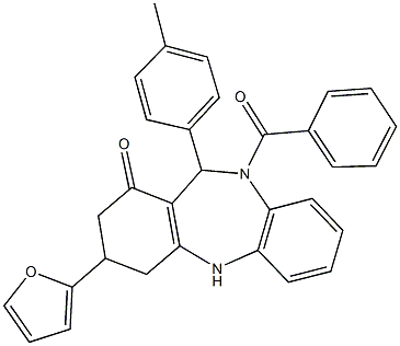 10-benzoyl-3-(2-furyl)-11-(4-methylphenyl)-2,3,4,5,10,11-hexahydro-1H-dibenzo[b,e][1,4]diazepin-1-one Struktur