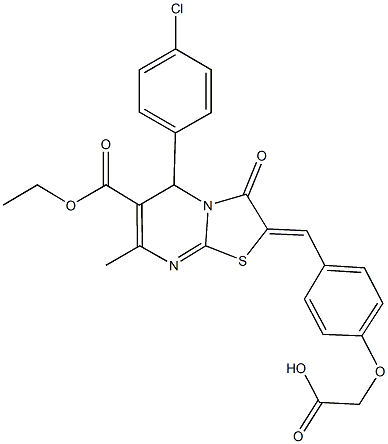 {4-[(5-(4-chlorophenyl)-6-(ethoxycarbonyl)-7-methyl-3-oxo-5H-[1,3]thiazolo[3,2-a]pyrimidin-2(3H)-ylidene)methyl]phenoxy}acetic acid Struktur