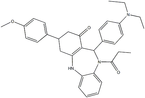 11-[4-(diethylamino)phenyl]-3-(4-methoxyphenyl)-10-propionyl-2,3,4,5,10,11-hexahydro-1H-dibenzo[b,e][1,4]diazepin-1-one Struktur