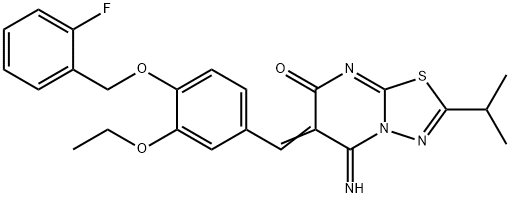 6-{3-ethoxy-4-[(2-fluorobenzyl)oxy]benzylidene}-5-imino-2-isopropyl-5,6-dihydro-7H-[1,3,4]thiadiazolo[3,2-a]pyrimidin-7-one Struktur