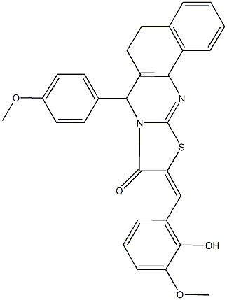 10-(2-hydroxy-3-methoxybenzylidene)-7-(4-methoxyphenyl)-5,7-dihydro-6H-benzo[h][1,3]thiazolo[2,3-b]quinazolin-9(10H)-one Struktur