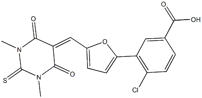 4-chloro-3-{5-[(1,3-dimethyl-4,6-dioxo-2-thioxotetrahydro-5(2H)-pyrimidinylidene)methyl]-2-furyl}benzoic acid Struktur