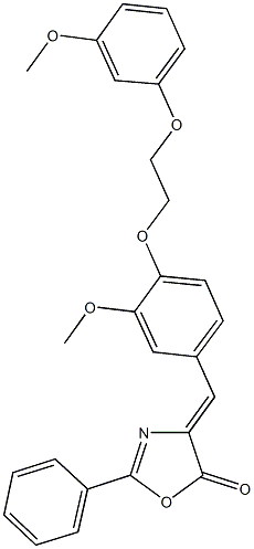 4-{3-methoxy-4-[2-(3-methoxyphenoxy)ethoxy]benzylidene}-2-phenyl-1,3-oxazol-5(4H)-one Struktur