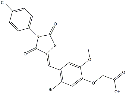 (5-bromo-4-{[3-(4-chlorophenyl)-2,4-dioxo-1,3-thiazolidin-5-ylidene]methyl}-2-methoxyphenoxy)acetic acid Struktur