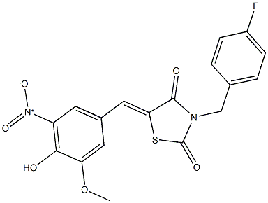 3-(4-fluorobenzyl)-5-{4-hydroxy-3-nitro-5-methoxybenzylidene}-1,3-thiazolidine-2,4-dione Struktur