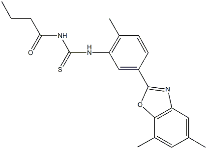 N-butyryl-N'-[5-(5,7-dimethyl-1,3-benzoxazol-2-yl)-2-methylphenyl]thiourea Struktur