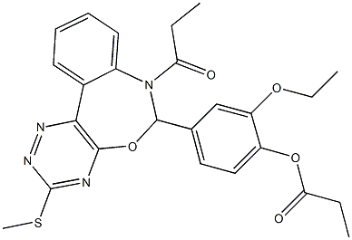 2-ethoxy-4-[3-(methylsulfanyl)-7-propionyl-6,7-dihydro[1,2,4]triazino[5,6-d][3,1]benzoxazepin-6-yl]phenyl propionate Struktur