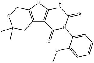 3-(2-methoxyphenyl)-6,6-dimethyl-2-sulfanyl-3,5,6,8-tetrahydro-4H-pyrano[4',3':4,5]thieno[2,3-d]pyrimidin-4-one Struktur