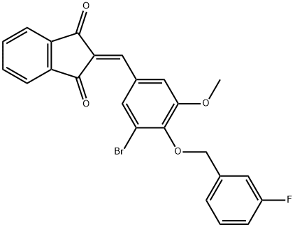 2-{3-bromo-4-[(3-fluorobenzyl)oxy]-5-methoxybenzylidene}-1H-indene-1,3(2H)-dione Struktur