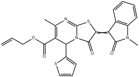 allyl 7-methyl-2-(1-methyl-2-oxo-1,2-dihydro-3H-indol-3-ylidene)-3-oxo-5-(2-thienyl)-2,3-dihydro-5H-[1,3]thiazolo[3,2-a]pyrimidine-6-carboxylate Struktur