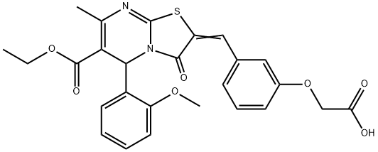 {3-[(6-(ethoxycarbonyl)-5-(2-methoxyphenyl)-7-methyl-3-oxo-5H-[1,3]thiazolo[3,2-a]pyrimidin-2(3H)-ylidene)methyl]phenoxy}acetic acid Struktur