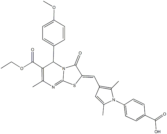 4-{3-[(6-(ethoxycarbonyl)-5-(4-methoxyphenyl)-7-methyl-3-oxo-5H-[1,3]thiazolo[3,2-a]pyrimidin-2(3H)-ylidene)methyl]-2,5-dimethyl-1H-pyrrol-1-yl}benzoic acid Struktur