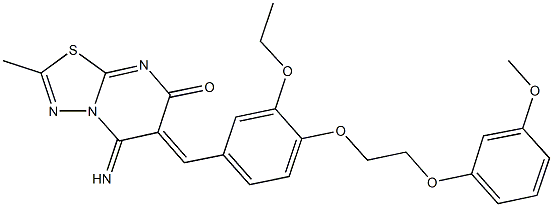 6-{3-ethoxy-4-[2-(3-methoxyphenoxy)ethoxy]benzylidene}-5-imino-2-methyl-5,6-dihydro-7H-[1,3,4]thiadiazolo[3,2-a]pyrimidin-7-one Struktur