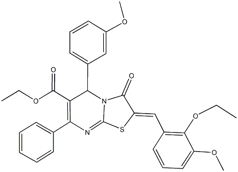 ethyl 2-(2-ethoxy-3-methoxybenzylidene)-5-(3-methoxyphenyl)-3-oxo-7-phenyl-2,3-dihydro-5H-[1,3]thiazolo[3,2-a]pyrimidine-6-carboxylate Struktur