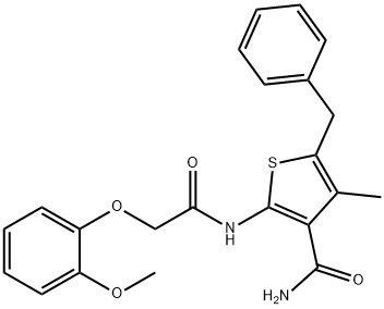 5-benzyl-2-{[(2-methoxyphenoxy)acetyl]amino}-4-methyl-3-thiophenecarboxamide Struktur