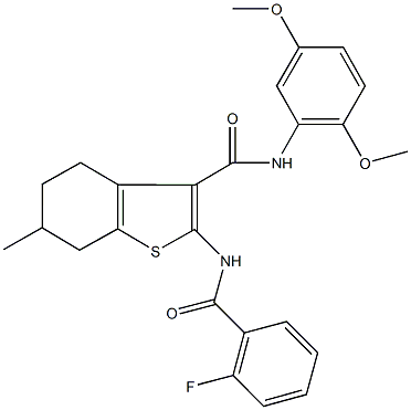 N-(2,5-dimethoxyphenyl)-2-[(2-fluorobenzoyl)amino]-6-methyl-4,5,6,7-tetrahydro-1-benzothiophene-3-carboxamide Struktur