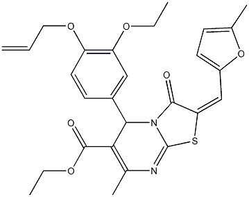 ethyl 5-[4-(allyloxy)-3-ethoxyphenyl]-7-methyl-2-[(5-methyl-2-furyl)methylene]-3-oxo-2,3-dihydro-5H-[1,3]thiazolo[3,2-a]pyrimidine-6-carboxylate Struktur