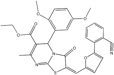 ethyl 2-{[5-(2-cyanophenyl)-2-furyl]methylene}-5-(2,5-dimethoxyphenyl)-7-methyl-3-oxo-2,3-dihydro-5H-[1,3]thiazolo[3,2-a]pyrimidine-6-carboxylate Struktur