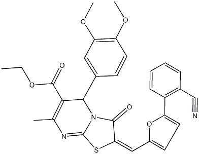 ethyl 2-{[5-(2-cyanophenyl)-2-furyl]methylene}-5-(3,4-dimethoxyphenyl)-7-methyl-3-oxo-2,3-dihydro-5H-[1,3]thiazolo[3,2-a]pyrimidine-6-carboxylate Struktur