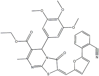 ethyl 2-{[5-(2-cyanophenyl)-2-furyl]methylene}-7-methyl-3-oxo-5-(3,4,5-trimethoxyphenyl)-2,3-dihydro-5H-[1,3]thiazolo[3,2-a]pyrimidine-6-carboxylate Struktur