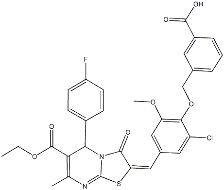 3-({2-chloro-4-[(6-(ethoxycarbonyl)-5-(4-fluorophenyl)-7-methyl-3-oxo-5H-[1,3]thiazolo[3,2-a]pyrimidin-2(3H)-ylidene)methyl]-6-methoxyphenoxy}methyl)benzoic acid Struktur