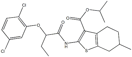 isopropyl 2-{[2-(2,5-dichlorophenoxy)butanoyl]amino}-6-methyl-4,5,6,7-tetrahydro-1-benzothiophene-3-carboxylate Struktur