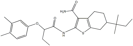 2-{[2-(3,4-dimethylphenoxy)butanoyl]amino}-6-tert-pentyl-4,5,6,7-tetrahydro-1-benzothiophene-3-carboxamide Struktur