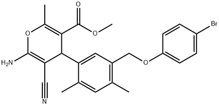 methyl 6-amino-4-{5-[(4-bromophenoxy)methyl]-2,4-dimethylphenyl}-5-cyano-2-methyl-4H-pyran-3-carboxylate Struktur