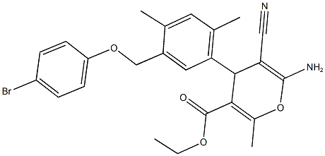 ethyl 6-amino-4-{5-[(4-bromophenoxy)methyl]-2,4-dimethylphenyl}-5-cyano-2-methyl-4H-pyran-3-carboxylate Struktur