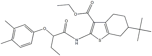 ethyl 6-tert-butyl-2-{[2-(3,4-dimethylphenoxy)butanoyl]amino}-4,5,6,7-tetrahydro-1-benzothiophene-3-carboxylate Struktur