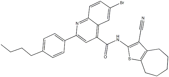 6-bromo-2-(4-butylphenyl)-N-(3-cyano-5,6,7,8-tetrahydro-4H-cyclohepta[b]thien-2-yl)-4-quinolinecarboxamide Struktur