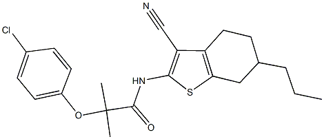 2-(4-chlorophenoxy)-N-(3-cyano-6-propyl-4,5,6,7-tetrahydro-1-benzothien-2-yl)-2-methylpropanamide Struktur