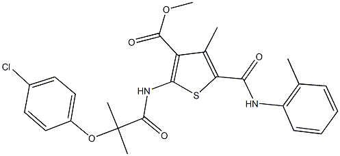 methyl 2-{[2-(4-chlorophenoxy)-2-methylpropanoyl]amino}-4-methyl-5-(2-toluidinocarbonyl)-3-thiophenecarboxylate Struktur