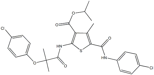 isopropyl 5-[(4-chloroanilino)carbonyl]-2-{[2-(4-chlorophenoxy)-2-methylpropanoyl]amino}-4-methyl-3-thiophenecarboxylate Struktur